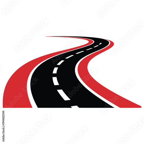 Curved roadway with dashed lane markings and red shoulder indicators