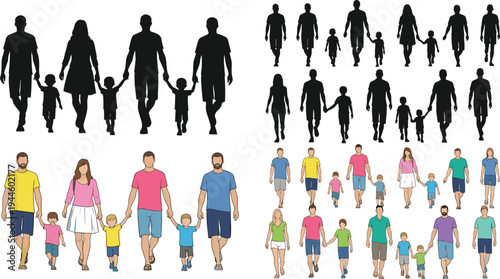 Families walking together in silhouette and colorful vector illustration, parents holding children hands, diversity, unity, parental care, togetherness concept
