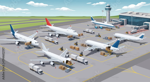 Airplane cargo loading at international airport terminal, logistics and transport concept