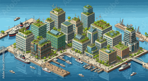 Pixel Art Eco Cityscape: Green Buildings, Rooftop Gardens, and Harbor with Ships