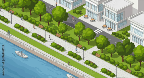 Isometric City Park Beside River with People Walking and Biking, Modern Buildings