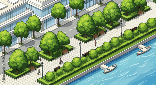 Isometric City Park by River with Boats and Buildings