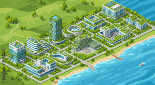 Eco-friendly cityscape with green buildings and sustainable urban development by the water