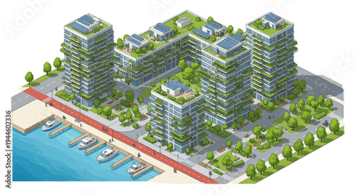 Eco-friendly city buildings with green roofs and solar panels, waterfront view