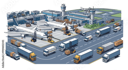Busy Airport Cargo Logistics with Airplanes and Trucks