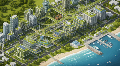 Sustainable Futuristic Cityscape with Green Architecture and Coastal Port