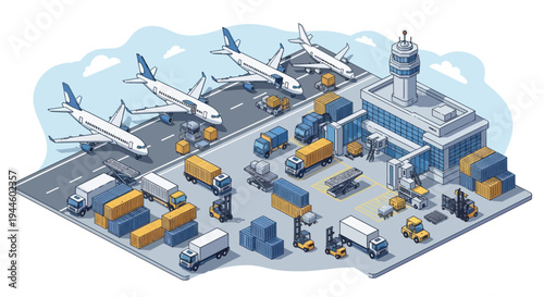 Isometric Airport Logistics and Cargo Transportation with Airplanes and Trucks
