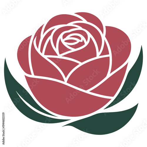 A vivid illustration of a deep red rose with delicate petals and dark green leaves