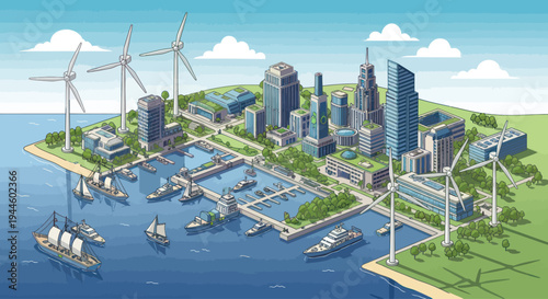 Eco-friendly futuristic cityscape with wind turbines and modern harbor
