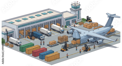 Air cargo logistics, loading airplane with trucks and containers at airport.