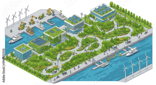 Eco-friendly city district with green buildings, solar panels, wind turbines, and waterways.