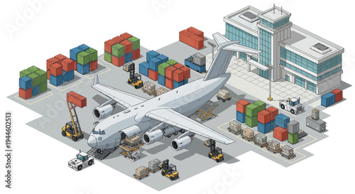 Cargo Airport Logistics: Airplane, Containers, Forklifts, Warehouse - Isometric View