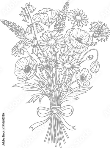 Beautiful black and white illustration of a bouquet of wildflowers