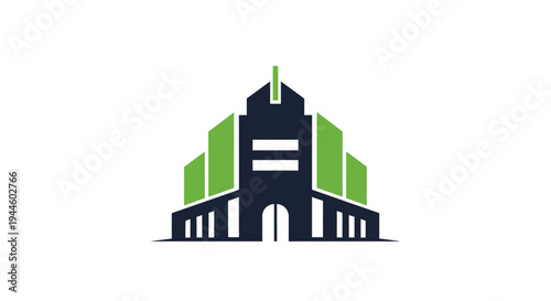 Modern Building Icon with Green Accents.
