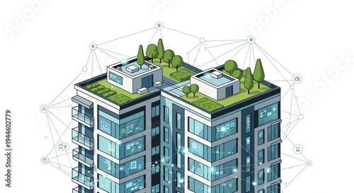 Modern Building with Rooftop Gardens and Architecture.