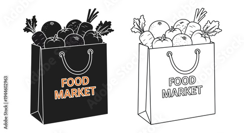 Two paper bags filled with produce labeled food market in black and white