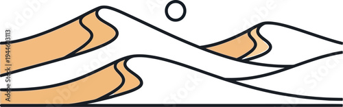 Simple desert landscape illustration with sand dunes and a small sun