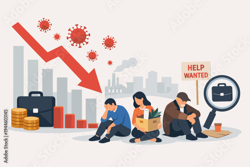 Economic Impact and Unemployment Rise Due to Coronavirus Pandemic with People Losing Jobs, Financial Crisis, Recession Graph with Red Arrow, Business Failure, and Poverty Concept Illustration.