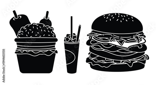 Black and white illustration of a burger fries and drink