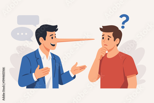 Dishonest Man with Long Pinocchio Nose Lying to a Skeptical Friend. Psychology of Deception Concept. Flat Vector Illustration of Untruthful Communication, Fake News, and Fraudulent Behavior.