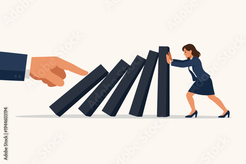 Businesswoman Trying to Stop Falling Dominoes Pushed by a Giant Hand, Concept of Crisis Management, Risk Prevention, Resilience, and Intervention in Business Strategy Flat Vector Illustration.