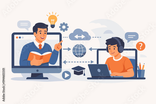 Online Education Concept with Male Teacher Teaching Student via Computer Network. Flat Vector Illustration of E-learning, Virtual Classroom, Distance Learning, and Digital Knowledge Sharing.