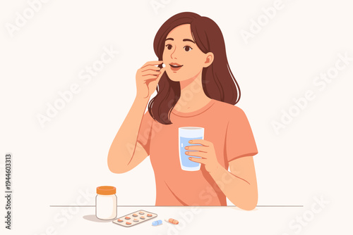 Vector illustration of a young woman taking her daily medication or vitamins with a glass of water, featuring medicine bottles and blister packs on a table, simple flat design for healthcare.