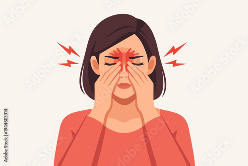 Young Woman Suffering from Severe Sinus Pain and Headache, Touching Her Nose Bridge with Eyes Closed, Flat Vector Illustration Representing Migraine, Stress, Nasal Congestion, and Health Issues.