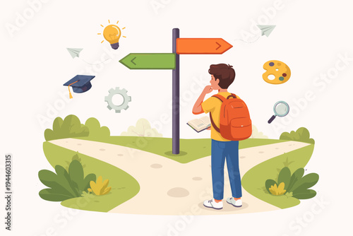 Student with backpack at a crossroads signpost, choosing a career path or education major. Flat vector illustration with icons for art, science, engineering, and graduation. Future planning.