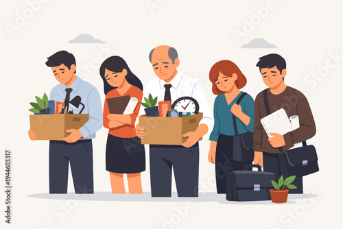 Sad Group of Diverse Employees Fired from Job Carrying Cardboard Boxes with Office Supplies. Flat Vector Illustration of People Facing Unemployment, Layoffs, and Economic Crisis at Workplace.