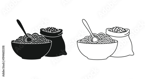 Two depictions of pasta in bowls and bags black and white line art