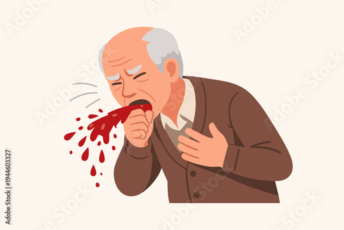Vector Illustration of an Elderly Man Coughing Up Blood and Holding His Chest in Pain, Depicting a Serious Medical Emergency, Respiratory Disease, Lung Cancer, Tuberculosis, or Internal Bleeding