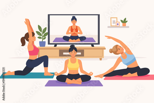 Group of fit women practicing yoga and meditation at home following a fitness instructor on a TV screen, online workout class in a cozy living room, healthy lifestyle and wellness flat vector
