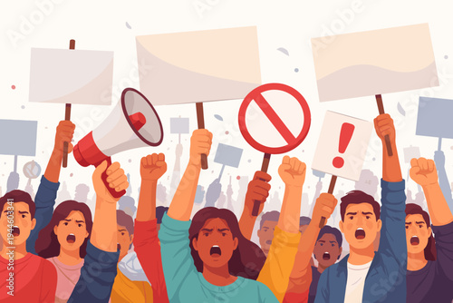 Vector illustration of a diverse crowd of angry people protesting and shouting in a demonstration, holding blank placards, a megaphone, and warning signs. Concept of social activism and politics.
