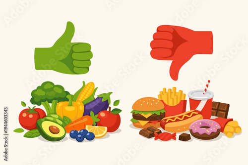 Healthy vs Unhealthy Food Comparison Vector with Green Thumbs Up for Fresh Vegetables and Fruits and Red Thumbs Down for Junk Food, Fast Food, Burger, Fries, Hot Dog, Donut, and Sugary Snacks