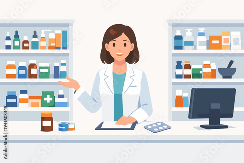 Friendly female pharmacist in a white lab coat standing behind a drugstore counter with shelves of medicine bottles, pills, and healthcare products. Flat vector illustration of pharmacy interior.