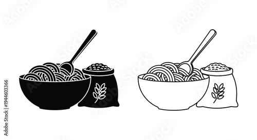 Black and white illustration of pasta and grain with serving utensils
