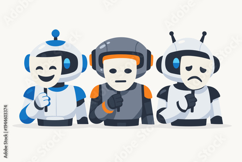 Three robots holding masks with different facial expressions of happiness, sadness, and neutrality, depicting artificial intelligence with human emotions, identity, and digital deception.