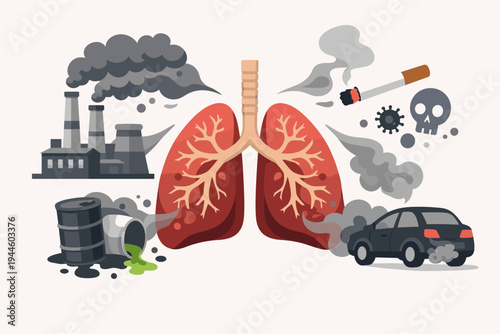 Vector Illustration of Human Lungs Surrounded by Toxic Pollutants Including Industrial Factory Smoke, Cigarette Smoke, Car Exhaust Emissions, Chemical Waste, and Pathogens Affecting Health