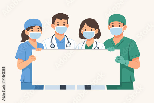 Group of medical staff, doctors and nurses wearing surgical face masks and scrubs, holding a large blank white message board for health awareness, stay home campaign, and medical information.