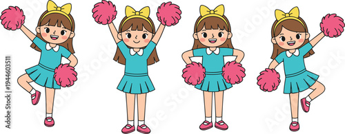 Energetic cartoon cheerleader girl illustrations in dynamic poses, blue dress with pom poms, playful sports spirit, colorful character design
