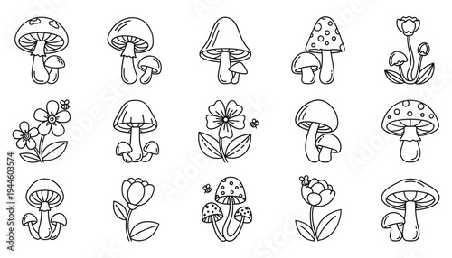 Cute mushroom and flower line art set with honey bees