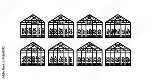 Black and white illustration of eight identical greenhouses filled with plants