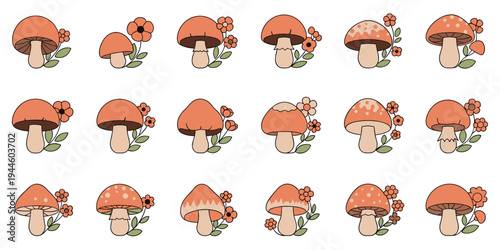 Mushroom cartoon grid vector illustration flowers leaves pattern