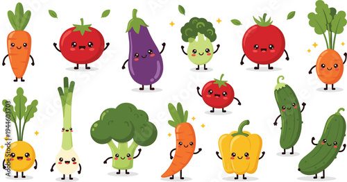 Cute kawaii vegetable character vector collection featuring happy smiling carrot tomato broccoli and eggplant for kids nutrition healthy eating education and vegan food illustration designs.