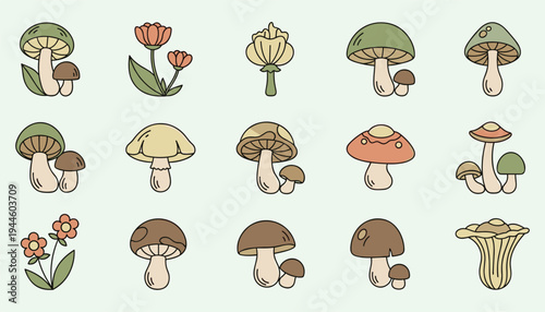 Mushroom and flower collection with hand drawn retro style in earth tonesMushroom and flower collection with hand drawn retro style in earth tones