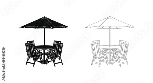 Black and white line drawing of patio dining sets with umbrellas
