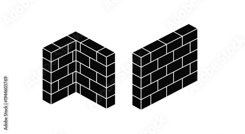 Isometric brick corner and wall segment in black and white