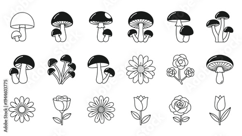 Mushroom icons set with flower outlines in black line art vectorMushroom icons set with flower outlines in black line art vector