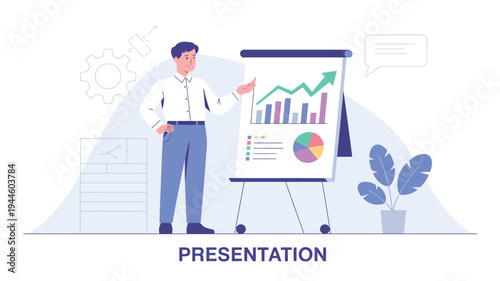 Business presentation concept with professional presenting analytics charts on board, corporate meeting data report and financial strategy vector illustration